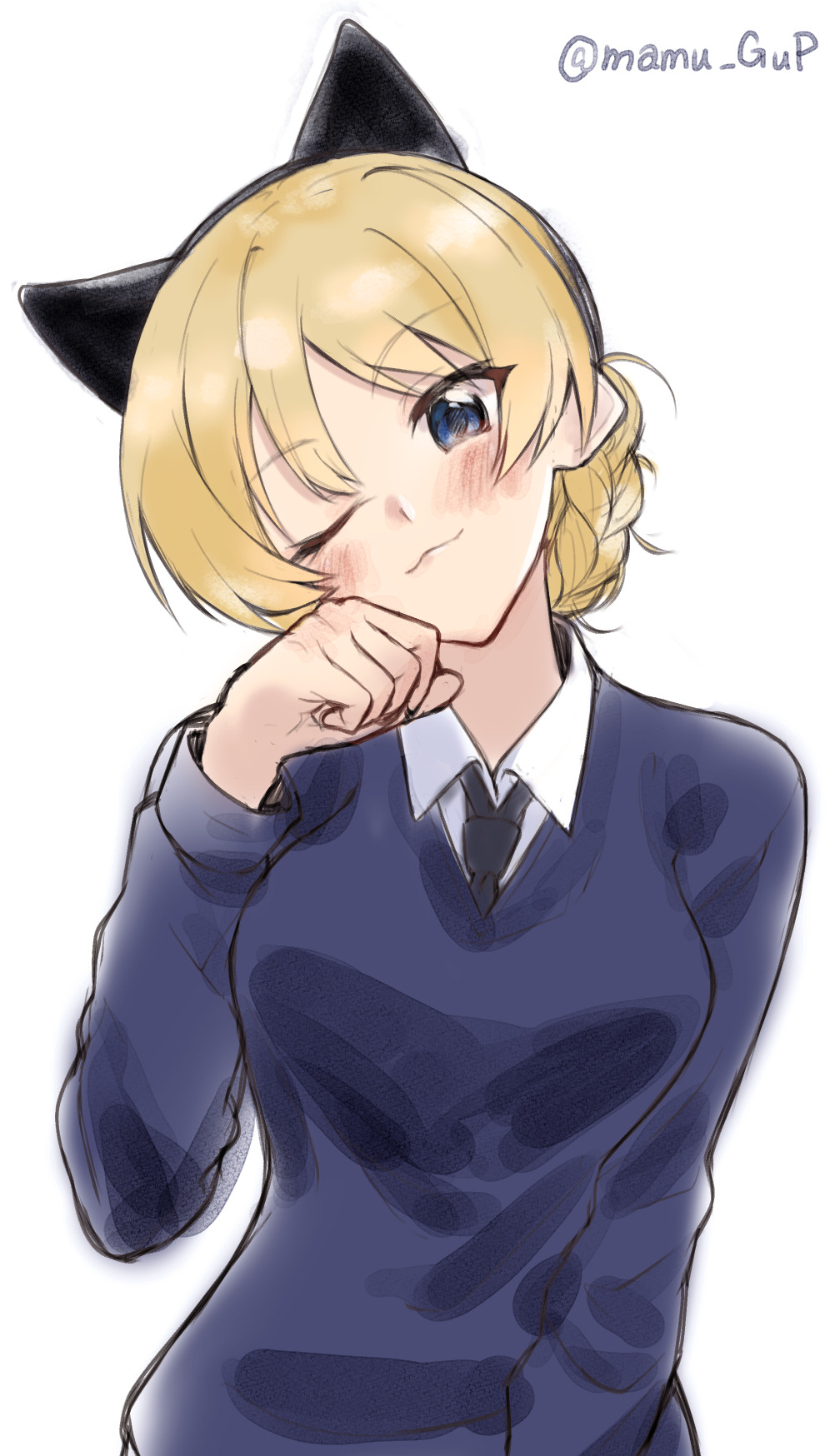1girl :3 animal_ears bangs black_neckwear blonde_hair blue_eyes blue_sweater braid cat_ears closed_mouth commentary darjeeling dress_shirt eyebrows_visible_through_hair fake_animal_ears girls_und_panzer head_tilt highres long_sleeves looking_at_viewer mamu_t7s necktie one_eye_closed paw_pose school_uniform shirt short_hair simple_background smile solo st._gloriana's_school_uniform sweater tied_hair twitter_username upper_body v-neck white_background white_shirt wing_collar
