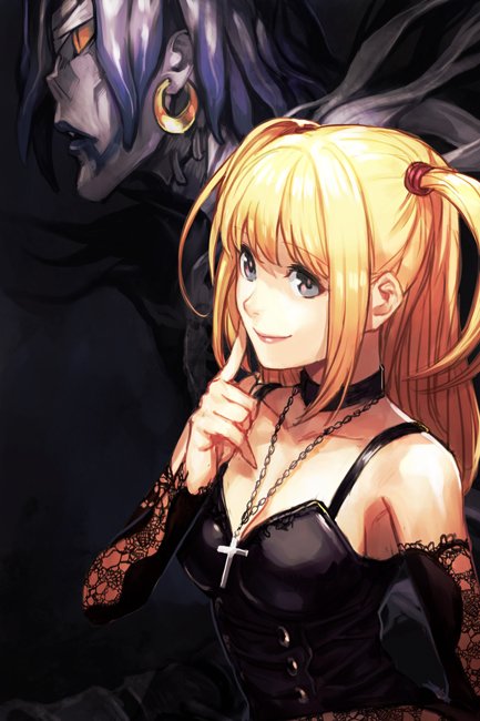 1girl amane_misa black_choker blonde_hair breasts choker cross cross_necklace death_note detached_sleeves earrings finger_to_cheek gothic_lolita grey_eyes hankuri hoop_earrings jewelry lace_sleeves lips lolita_fashion necklace rem_(death_note) shinigami small_breasts smile two_side_up yellow_sclera