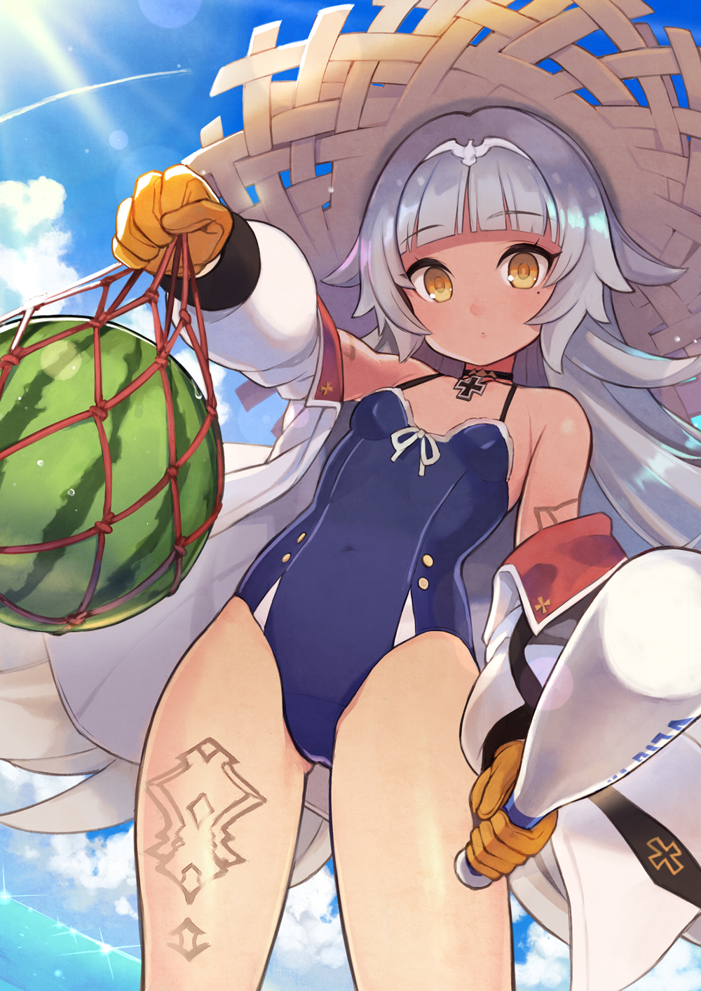 1girl ass_visible_through_thighs azur_lane bangs baseball_cap blue_sky blue_swimsuit blush breasts brown_eyes brown_headwear casual_one-piece_swimsuit closed_mouth clouds commentary covered_navel day eyebrows_visible_through_hair food fruit gloves hat headpiece highres holding holding_baseball_bat horizon iron_cross jacket long_hair long_sleeves looking_at_viewer mole mole_under_eye ocean off_shoulder one-piece_swimsuit open_clothes open_jacket orange_gloves outdoors puffy_long_sleeves puffy_sleeves silver_hair sky small_breasts solo sparkle standing straw_hat swimsuit very_long_hair watermelon white_jacket yuko_(uc_yuk) z46_(azur_lane)