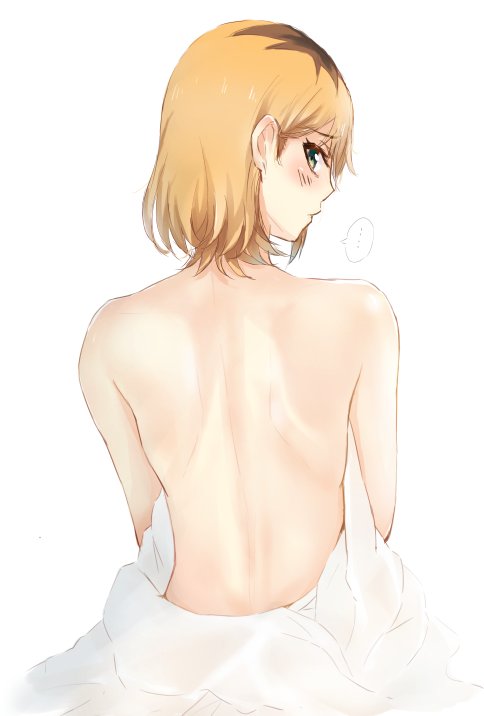 1girl blonde_hair brown_hair from_behind green_eyes looking_at_viewer looking_back miyamori_aoi naked_sheet shirobako short_hair shoulder_blades simple_background sketch solo tahita1874 white_background