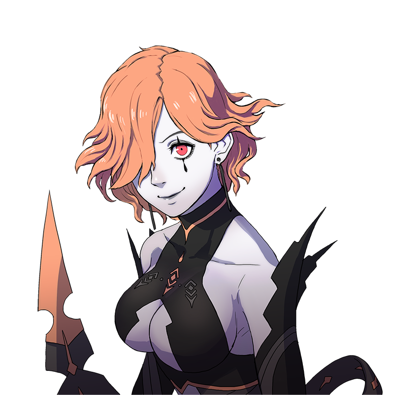 1girl center_opening earrings facial_mark fire_emblem fire_emblem:_three_houses hair_over_one_eye jewelry kronya kurahana_chinatsu looking_at_viewer official_art orange_hair pale_skin red_eyes short_hair solo transparent_background upper_body