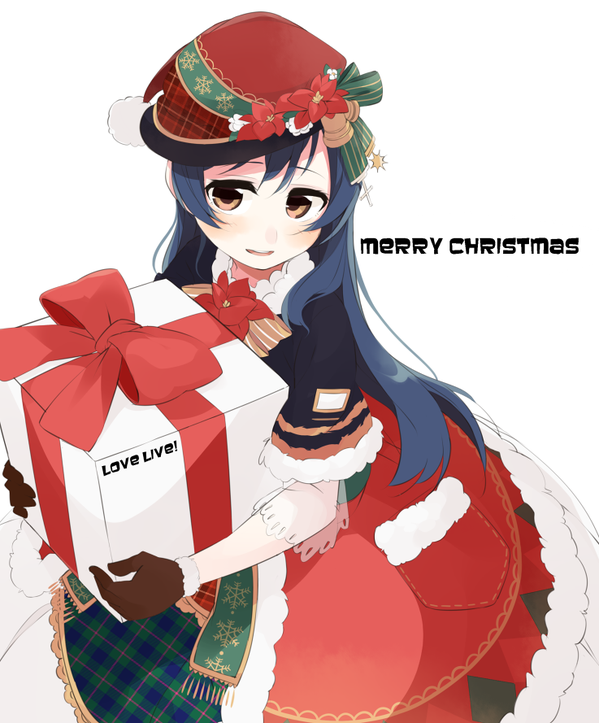 1girl bangs blue_hair blush box christmas commentary_request fur_trim gift gift_box gloves hair_between_eyes hat holding holding_gift long_hair love_live! love_live!_school_idol_festival love_live!_school_idol_project merry_christmas red_gloves santa_hat short_sleeves simple_background smile solo sonoda_umi totoki86 white_background yellow_eyes