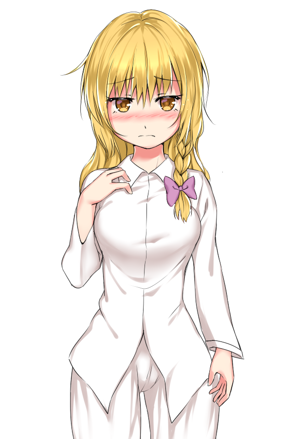 1girl blonde_hair blush braid breasts closed_mouth eyebrows_visible_through_hair hair_ornament hair_ribbon kirisame_marisa long_hair looking_at_viewer medium_breasts pajamas ribbon shiny shiny_hair simple_background solo standing touhou white_background yellow_eyes yonaga_(masa07240)