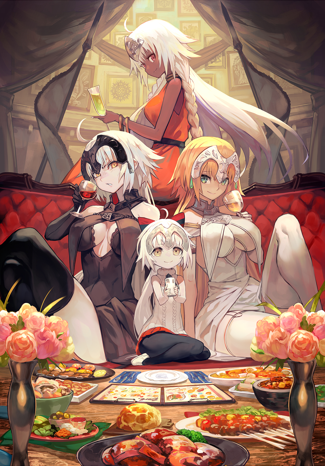 4girls ahoge blonde_hair blue_eyes braid bread breasts brown_eyes champagne_flute commentary_request couch crossed_legs cup curtains cutlery dark_skin drinking_glass fate/apocrypha fate/grand_order fate_(series) flag flower_pot food highres jeanne_d'arc_(alter)_(fate) jeanne_d'arc_(fate) jeanne_d'arc_(fate)_(all) jeanne_d'arc_alter_santa_lily lack lakshmibai_(fate/grand_order) large_breasts long_hair meat menu milk multiple_girls pantyhose plate sitting sleeveless sleeveless_turtleneck smile thigh-highs turtleneck white_hair wine_glass yellow_eyes