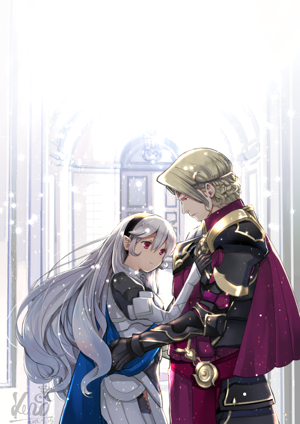 1boy 1girl armored_boots blonde_hair boots brother_and_sister cape corrin_(fire_emblem) corrin_(fire_emblem)_(female) elbow_gloves fire_emblem fire_emblem_fates gauntlets gloves kero_sweet long_hair pointy_ears red_eyes siblings tiara white_hair xander_(fire_emblem)