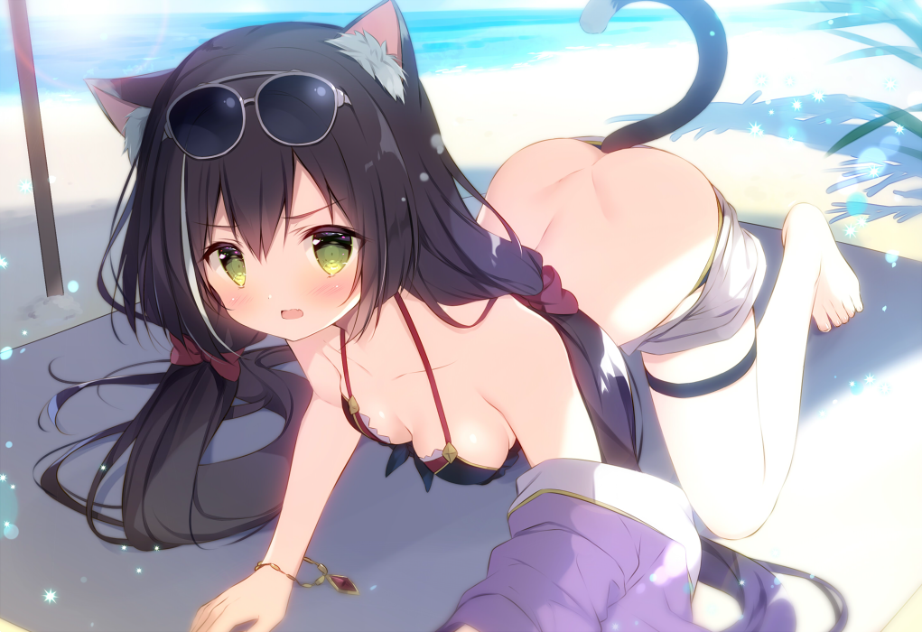 1girl all_fours animal_ears ass bangs barefoot beach bikini black_bikini black_hair blush bow breasts cat_ears cat_girl cat_tail collarbone commentary_request day eyebrows_visible_through_hair eyewear_on_head green_eyes grey-framed_eyewear hair_between_eyes hair_bow horizon jacket kyaru_(princess_connect) long_hair looking_at_viewer low_twintails medium_breasts multicolored_hair ocean open_mouth outdoors princess_connect! princess_connect!_re:dive purple_jacket red_bow sand shiratama_(shiratamaco) short_shorts shorts shorts_pull solo streaked_hair sunglasses swimsuit tail toenails twintails very_long_hair water wavy_mouth white_hair white_shorts