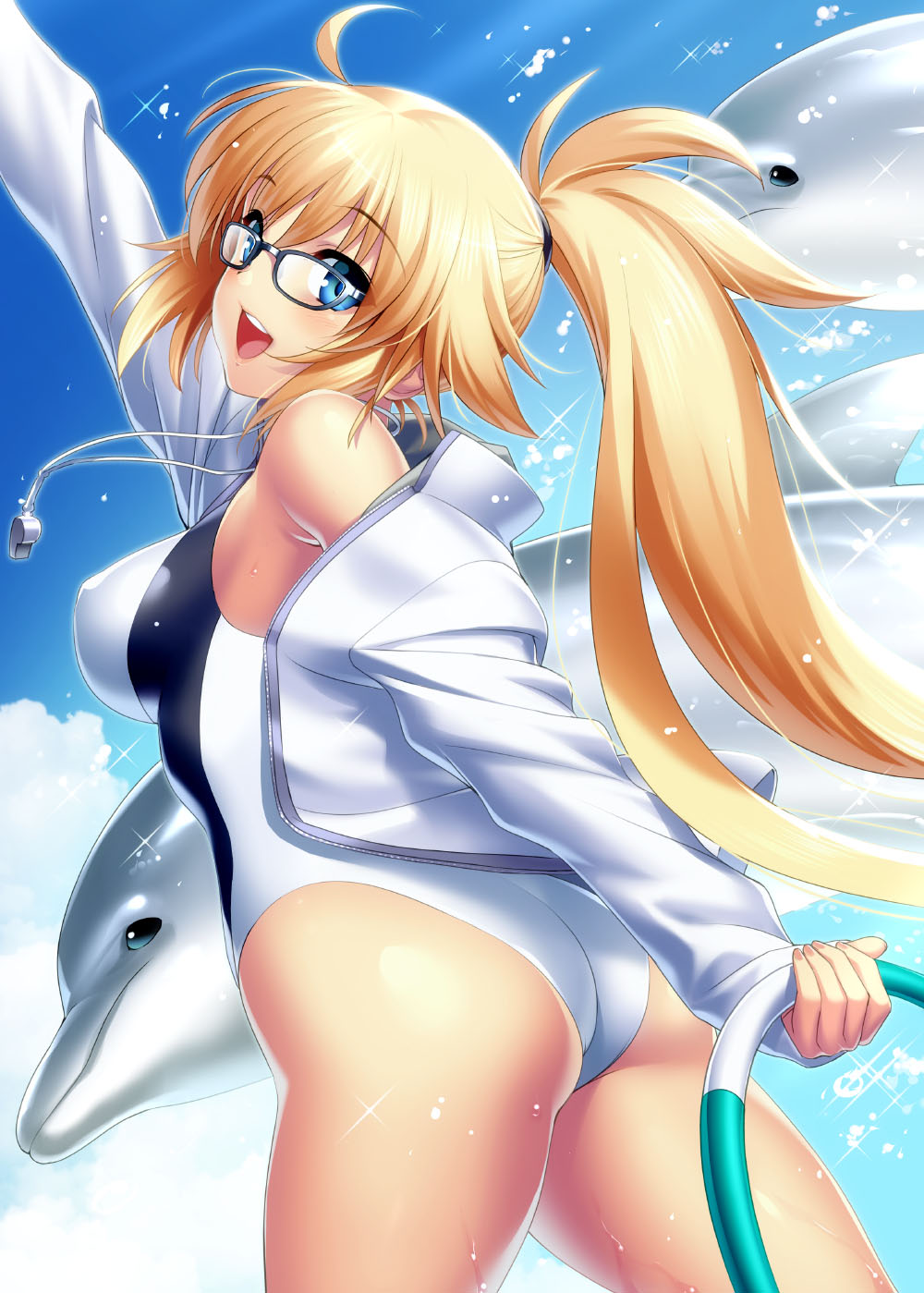 1girl 2others ahoge ass blonde_hair blue_eyes blue_sky clouds competition_swimsuit cowboy_shot day dolphin fate/grand_order fate_(series) glasses highleg highleg_swimsuit highres hoop jacket jeanne_d'arc_(fate)_(all) jeanne_d'arc_(swimsuit_archer) multiple_others one-piece_swimsuit open_mouth outdoors ponytail sky smile swimsuit twintails upper_teeth whistle whistle_around_neck white_jacket white_swimsuit zen