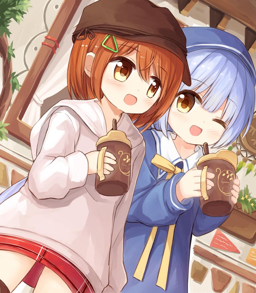 2girls :d ;d bangs beret blue_dress blue_hair blue_headwear blush brown_eyes brown_hair brown_headwear cabbie_hat commentary_request cup dress drinking_straw dutch_angle eyebrows_visible_through_hair grey_hoodie hair_between_eyes hair_ornament hat holding holding_cup hood hood_down hoodie multiple_girls one_eye_closed open_mouth original red_skirt sailor_collar sailor_dress skirt smile white_sailor_collar yuuhagi_(amaretto-no-natsu)