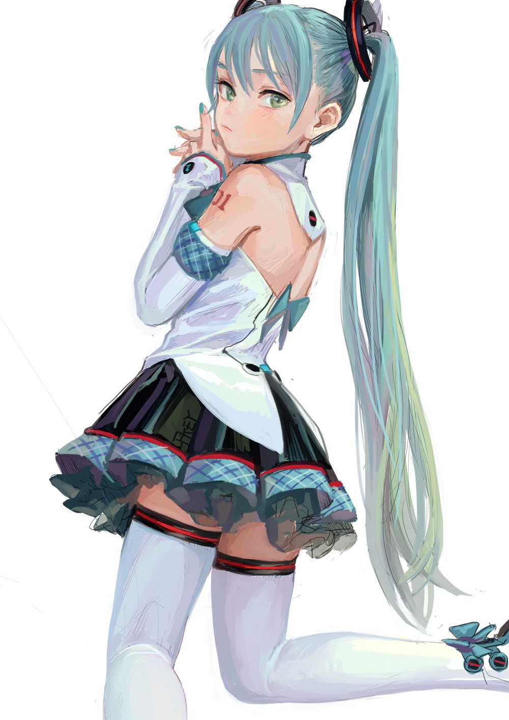 1girl aqua_hair aqua_nails bare_shoulders detached_sleeves expressionless fkey from_behind green_eyes hatsune_miku highres interlocked_fingers kneeling long_hair looking_at_viewer looking_back pleated_skirt simple_background skirt solo thigh-highs twintails very_long_hair vocaloid white_background white_legwear