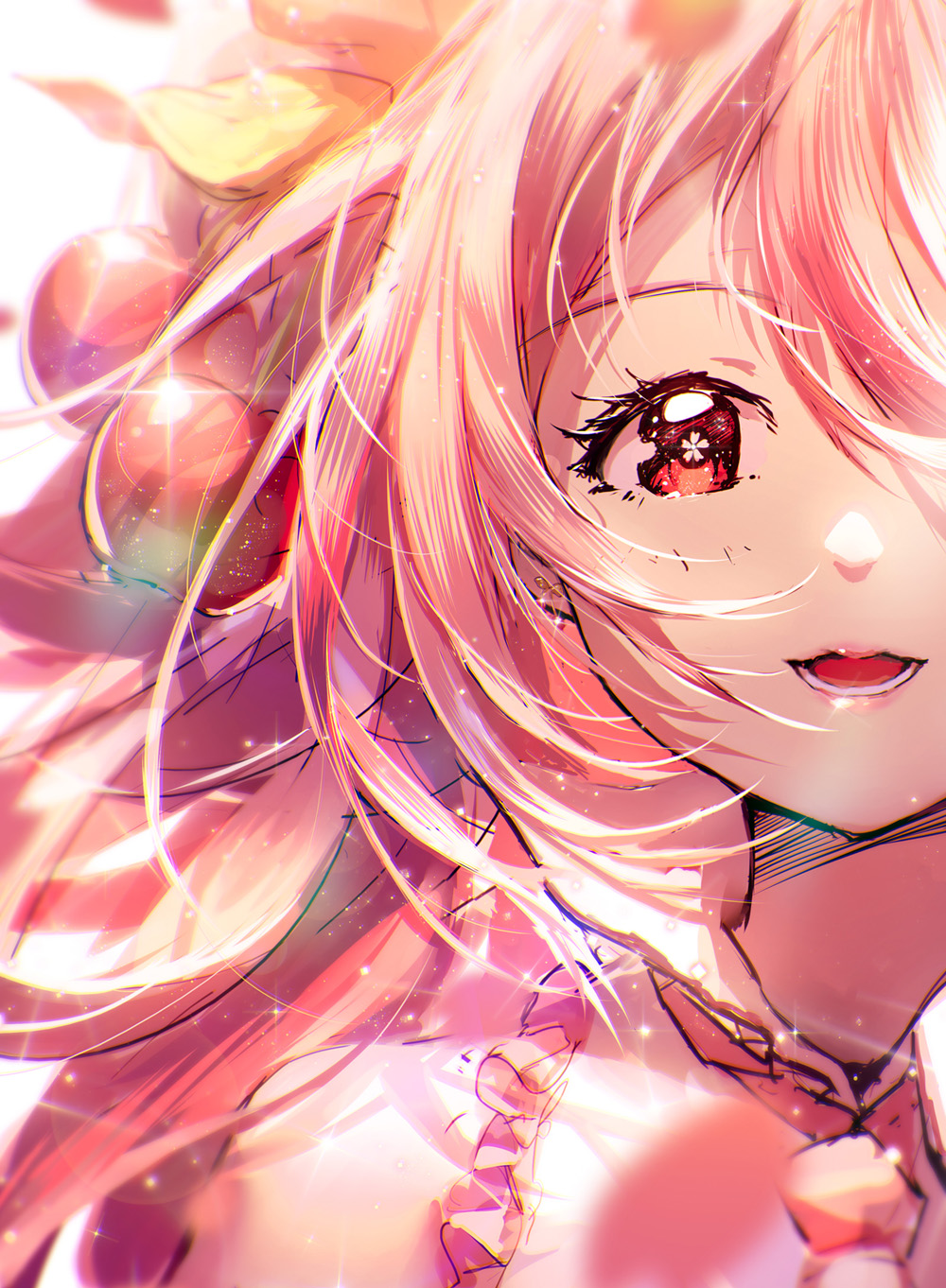 1girl bare_shoulders bloom blurry blurry_background cherry_hair_ornament close-up commentary flower_in_eye food_themed_hair_ornament frilled_shirt frills hair_ornament hatsune_miku highres lengchan_(fu626878068) long_hair looking_at_viewer necktie parted_lips pink_eyes pink_hair pink_neckwear pink_shirt portrait sakura_miku shirt sleeveless sleeveless_shirt smile solo sparkle symbol_in_eye vocaloid