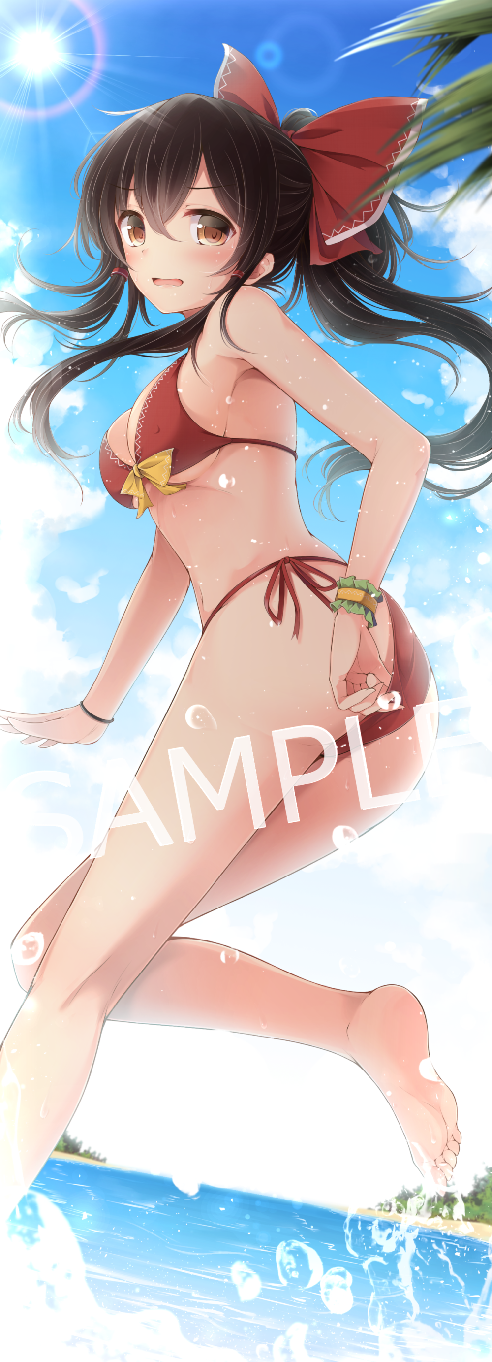 1girl absurdres ass bangs bare_arms bare_legs bare_shoulders barefoot bikini black_hair blue_sky blush bow breasts brown_eyes clouds commentary_request day feet_out_of_frame hair_between_eyes hair_bow hakurei_reimu highres lens_flare long_hair looking_at_viewer medium_breasts open_mouth outdoors ponytail red_bikini red_bow sample side-tie_bikini sky solo standing standing_on_one_leg sun swimsuit thighs touhou toyosaki_shu water water_drop watermark wrist_cuffs