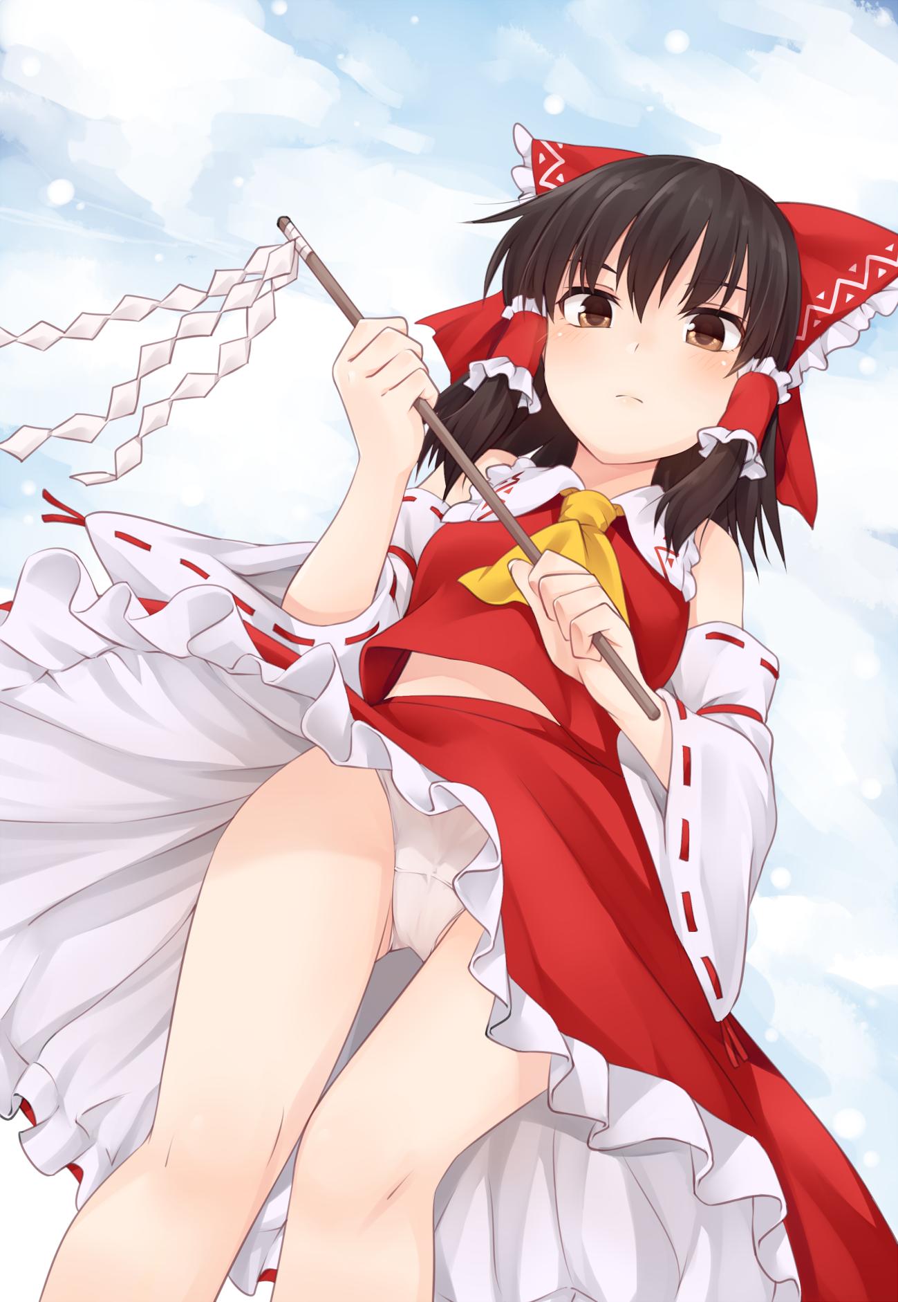 1girl ass_visible_through_thighs bangs bare_shoulders black_hair blue_sky blush bow breasts brown_eyes clouds commentary_request day detached_sleeves feet_out_of_frame frilled_bow frilled_shirt_collar frills from_below gohei hair_between_eyes hair_bow hair_tubes hakurei_reimu highres holding long_sleeves looking_at_viewer midriff_peek miyo_(ranthath) outdoors panties pantyshot pantyshot_(standing) petticoat red_bow red_skirt ribbon-trimmed_sleeves ribbon_trim short_hair sidelocks skirt skirt_set sky small_breasts solo standing thighs touhou underwear white_panties wide_sleeves