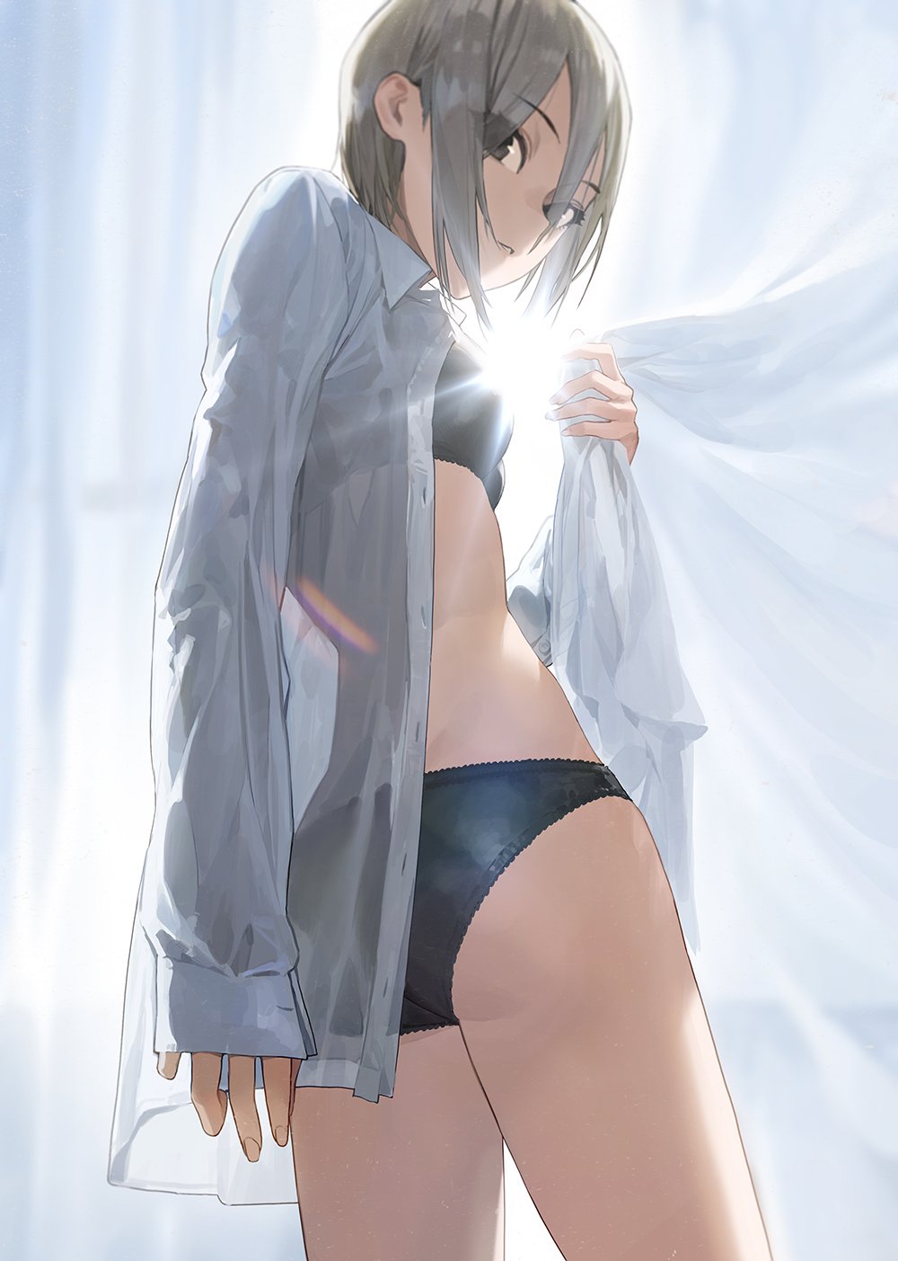 1girl arm_at_side ass bangs black_bra black_eyes black_panties bra breasts commentary cowboy_shot curtains eyebrows_visible_through_hair eyes_visible_through_hair fingernails grey_hair hair_between_eyes hand_up highres idolmaster idolmaster_cinderella_girls indoors long_sleeves looking_at_viewer looking_back medium_breasts morning mossi open_clothes open_shirt panties see-through shiomi_shuuko shirt short_hair sleeves_past_wrists solo unbuttoned underwear white_curtains white_shirt