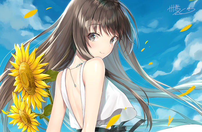 1girl bangs bare_shoulders blue_sky blush brown_hair closed_mouth clouds cloudy_sky commentary_request day dress eyebrows_visible_through_hair flower grey_eyes kagachi_saku long_hair looking_at_viewer looking_to_the_side original outdoors petals signature sky sleeveless sleeveless_dress smile solo sunflower white_dress yellow_flower