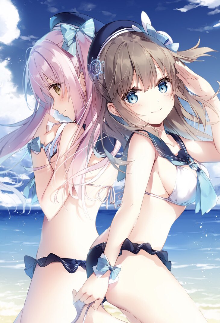 2girls back-to-back bare_arms bare_shoulders beret blue_bow blue_eyes blue_headwear blue_neckwear blue_sailor_collar blue_sky bow breasts brown_eyes brown_hair bunny_hair_ornament clouds cloudy_sky collarbone commentary_request day floating_hair from_side hair_bow hair_ornament hand_up hat horizon leg_up long_hair looking_at_viewer looking_to_the_side medium_breasts mochizuki_shiina multiple_girls ocean original pink_hair profile sailor_bikini sailor_collar salute sandals sidelocks sky smile stomach thighs twintails water white_bow