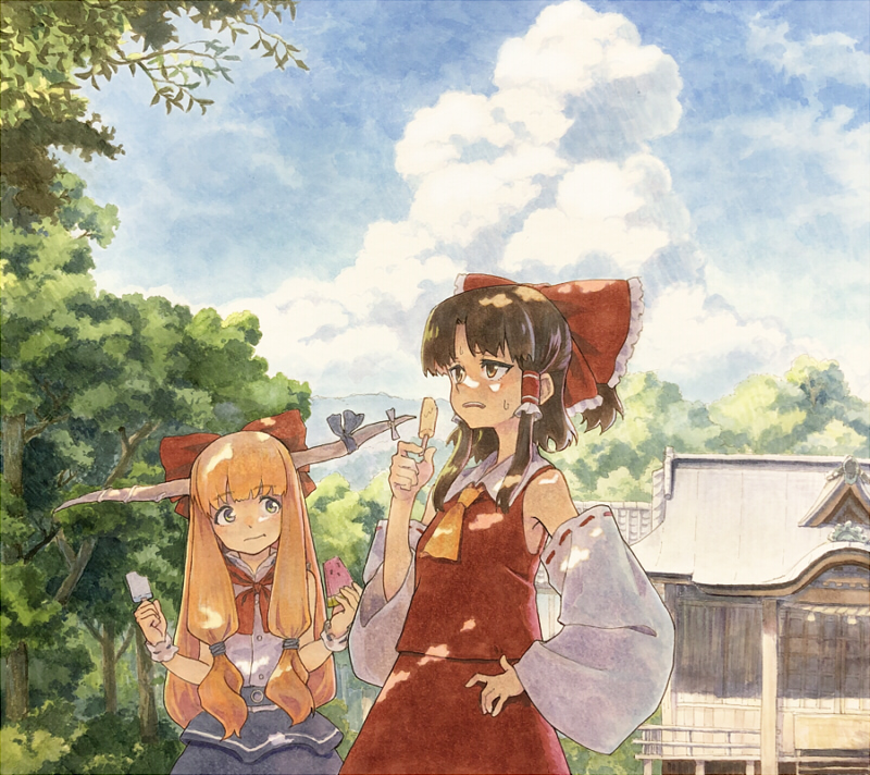 2girls architecture arms_up ascot bangs blue_skirt blue_sky blunt_bangs bow box breasts brown_eyes brown_hair clouds commentary_request cowboy_shot cravat dappled_sunlight day detached_sleeves donation_box east_asian_architecture eyebrows_visible_through_hair food fruit grimace hair_bow hair_tubes hakurei_reimu hand_on_hip head_tilt holding holding_food horns ibuki_suika layered_skirt long_hair looking_at_another looking_to_the_side marker_(medium) melon_slice mountain multiple_girls open_mouth orange_hair outdoors ponytail popsicle red_neckwear red_skirt red_vest ribbon-trimmed_sleeves ribbon_trim rope shimenawa shiratama_(hockey) shirt shrine sidelocks skirt skirt_set sky sleeveless sleeveless_shirt small_breasts standing sunlight sweat touhou traditional_media tree upper_teeth very_long_hair vest watermelon wrist_cuffs yellow_neckwear