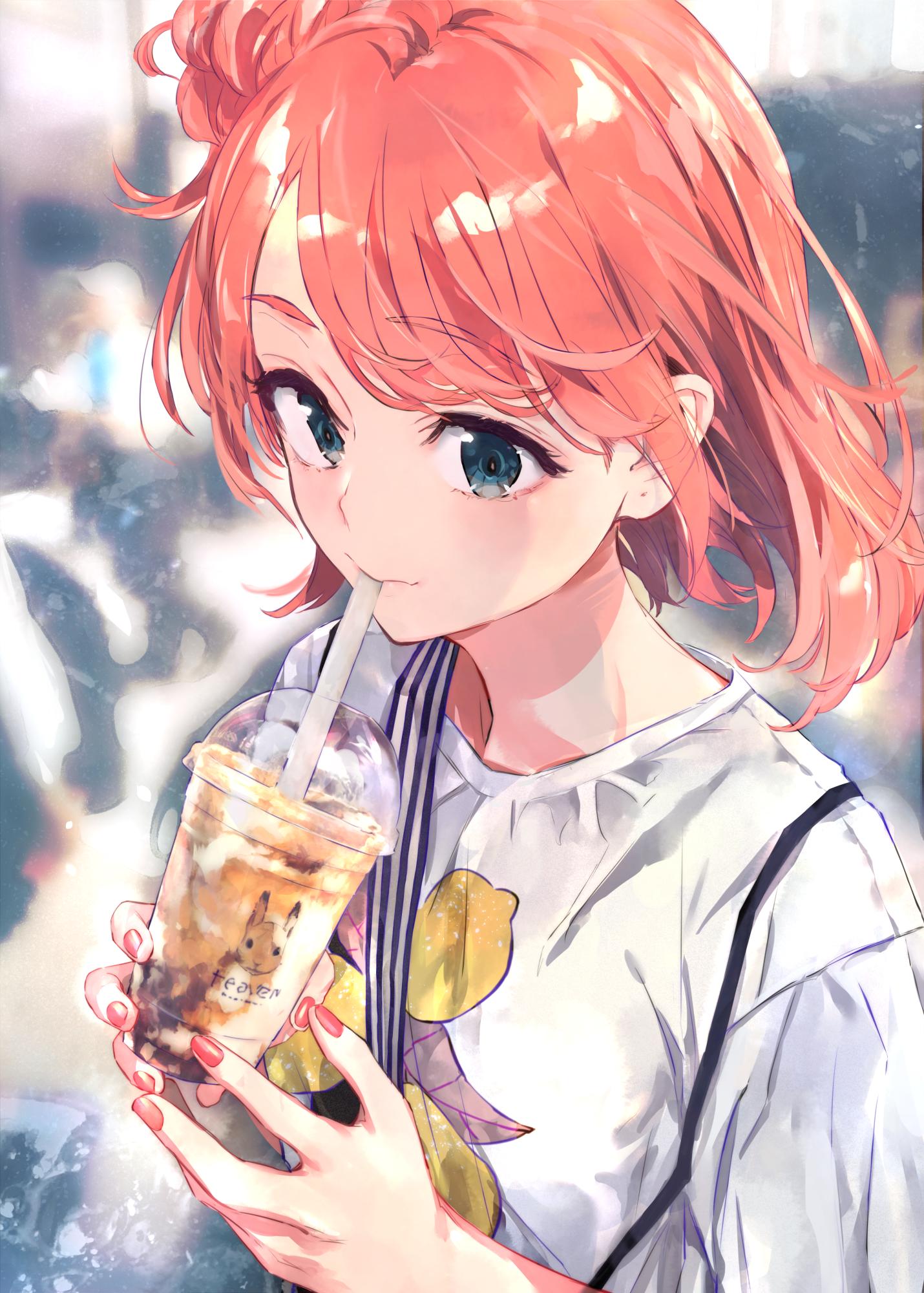 1girl blue_eyes bubble_tea commentary_request drinking_straw drinking_straw_in_mouth highres nail_polish ponkan_8 red_nails redhead shirt short_hair side_bun solo t-shirt upper_body white_shirt yahari_ore_no_seishun_lovecome_wa_machigatteiru. yuigahama_yui