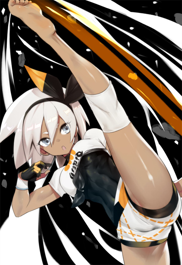 1girl ass barefoot black_gloves bow breasts covered_navel gloves grey_eyes hair_between_eyes hairband kicking open_mouth pokemon pokemon_(game) pokemon_swsh saitou_(pokemon) shorts solo teddy_(khanshin) white_hair