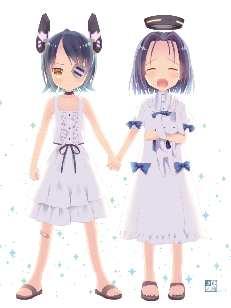 2girls backlighting bandaid bandaid_on_knee bare_arms bare_shoulders black_choker black_hair blue_bow blue_hair bow center_frills child choker commentary crying d: dress eyepatch flip-flops frown full_body headgear holding_hands kantai_collection kurasawa_kyoushou looking_at_viewer mechanical_halo multiple_girls open_mouth puffy_short_sleeves puffy_sleeves sandals short_hair short_sleeves simple_background sleeveless sleeveless_dress sparkle stuffed_animal stuffed_bunny stuffed_toy tatsuta_(kantai_collection) tears tenryuu_(kantai_collection) white_background white_dress yellow_eyes younger