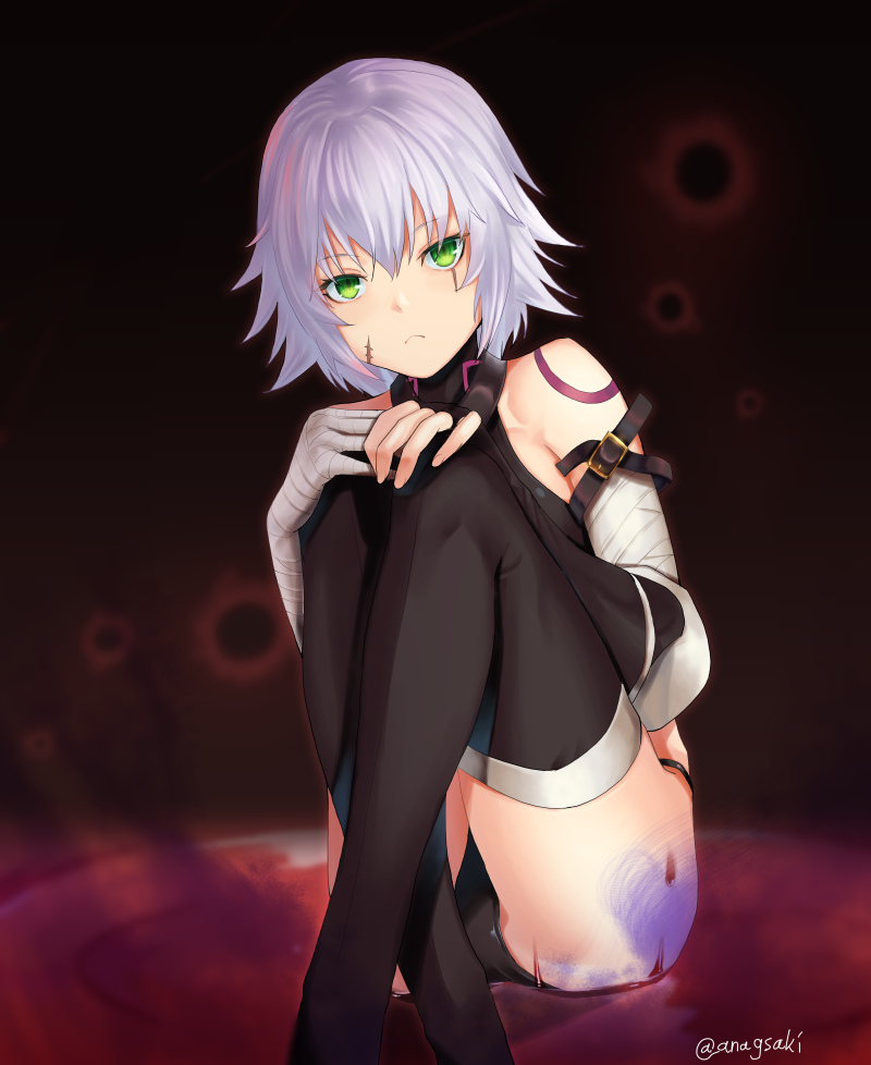 1girl aona_(kuuga19yuu) asymmetrical_gloves bandaged_arm bandaged_hand bandages black_gloves black_legwear black_panties closed_mouth elbow_gloves facial_scar fate/apocrypha fate_(series) fingerless_gloves frown gloves green_eyes hair_between_eyes hands_on_own_knees jack_the_ripper_(fate/apocrypha) looking_at_viewer panties scar scar_across_eye scar_on_cheek short_hair silver_hair single_glove sitting solo thigh-highs twitter_username underwear