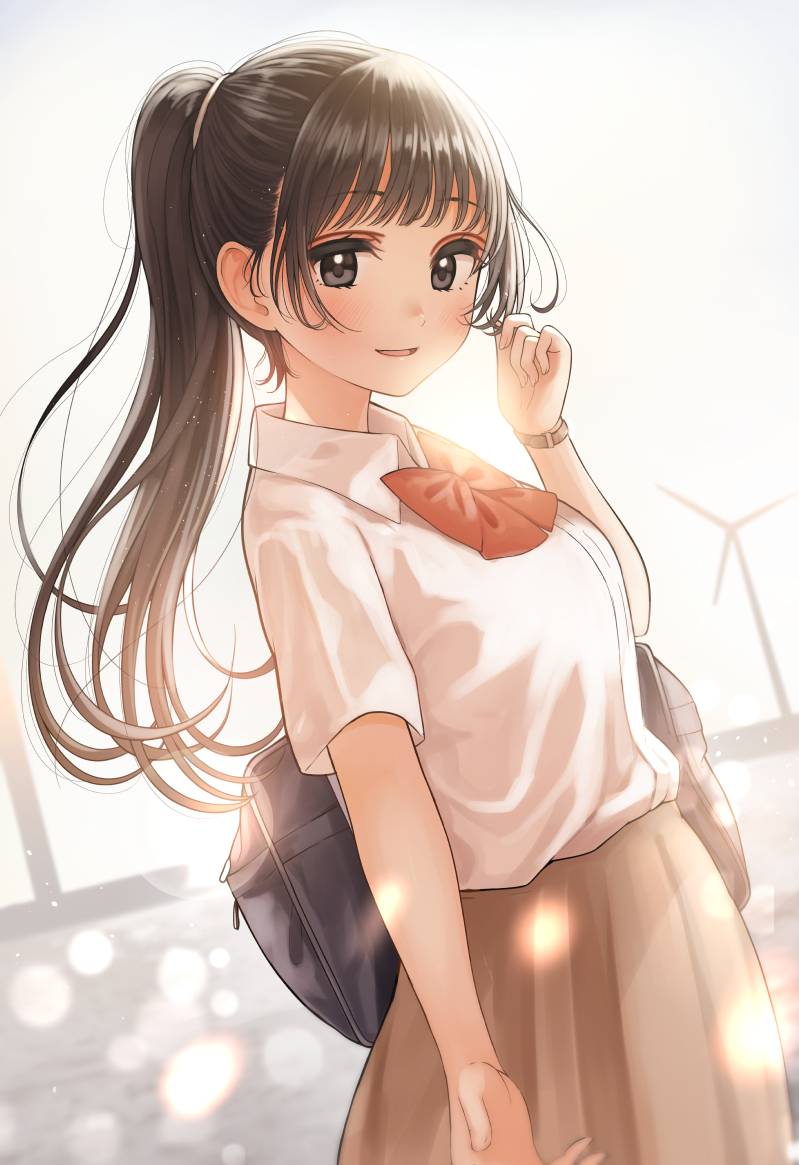 1girl backlighting bag bangs blurry blush bokeh bow bowtie breasts brown_eyes brown_hair brown_skirt collared_shirt commentary_request cowboy_shot day depth_of_field dutch_angle hand_in_hair kentaurosu large_breasts lens_flare long_hair looking_at_viewer original overexposure parted_lips ponytail red_bow red_neckwear shirt shoulder_bag skirt sky smile standing uniform watch watch white_shirt wind_turbine windmill