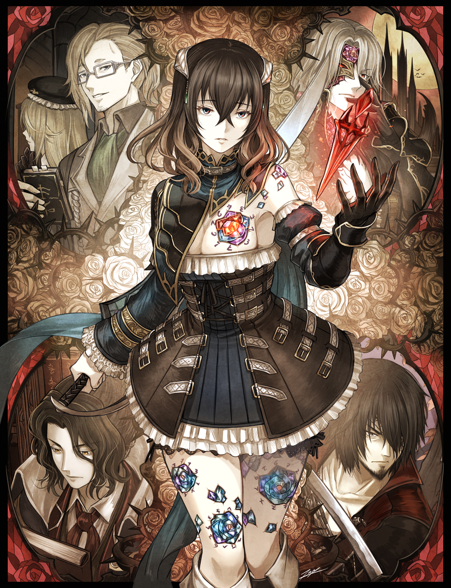 alfred_(bloodstained) black_hair blonde_hair bloodstained:_ritual_of_the_night blue_eyes bodysuit breasts brown_hair candle coat detached_sleeves dominique_(bloodstained) flower flower_tattoo garters gauntlets glasses gradient_hair hair_between_eyes hair_ornament hair_over_one_eye hat highres horns large_breasts long_hair long_sleeves looking_at_viewer medium_breasts miriam_(bloodstained) moon multicolored_hair multiple_boys night pale_skin pantyhose short_hair simple_background smile stained_glass sword tattoo tenyo0819 weapon zangetsu_(bloodstained)