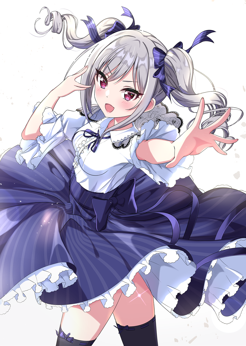 1girl :d black_legwear blush breasts dress drill_hair grey_hair hair_ribbon highres idolmaster idolmaster_cinderella_girls idolmaster_cinderella_girls_starlight_stage kanzaki_ranko open_mouth outstretched_hand purple_ribbon purple_skirt ribbon skirt small_breasts smile solo striped striped_ribbon sutoroa thigh-highs twin_drills twintails violet_eyes