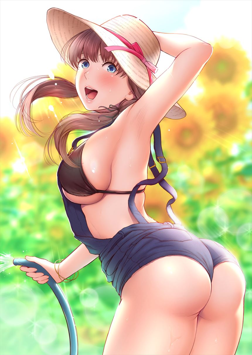 1girl :d arm_up armpits ass bangs bikini bikini_under_clothes black_bikini blue_eyes blurry blush bracelet breasts brown_hair cowboy_shot day denim depth_of_field dripping edogawa_roman flower from_behind hair_over_shoulder hat highres holding holding_hat hose jewelry large_breasts lens_flare long_hair looking_at_viewer looking_back open_mouth original outdoors overalls shiny shiny_skin sideboob skindentation smile solo standing string_bikini sun_hat sunflower suspenders swimsuit twintails twisted_torso under_boob water