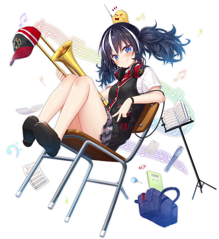1girl animal azur_lane bag bangs baseball_cap beamed_sixteenth_notes bird black_footwear black_hair blue_eyes blush bow bowtie candy candy_wrapper cardigan_vest chair chair_tipping chick closed_mouth eighth_note eyebrows_visible_through_hair food grey_skirt hair_between_eyes hat hat_removed headwear_removed holding holding_instrument instrument lollipop manjuu_(azur_lane) multicolored_hair musical_note official_art on_chair plaid plaid_skirt pleated_skirt quarter_note red_headwear red_neckwear school_bag school_chair school_uniform sheet_music shirt shoe_soles shoes short_sleeves sitting skirt smile solo streaked_hair torpedo transparent_background treble_clef trumpet twintails u-101_(azur_lane) white_hair white_shirt yano_mitsuki