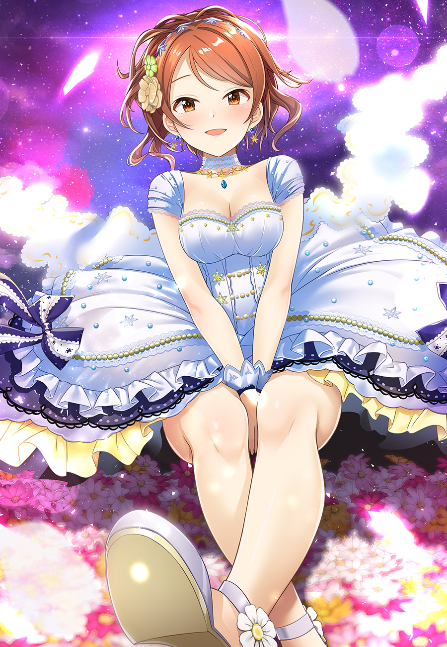 1girl :d between_legs blush brown_eyes brown_hair commentary_request detached_collar dress earrings flower hair_flower hair_ornament hair_up hand_between_legs highres houjou_karen idolmaster idolmaster_cinderella_girls idolmaster_cinderella_girls_starlight_stage jewelry kazu looking_at_viewer open_mouth sandals short_hair sitting smile solo white_dress white_footwear