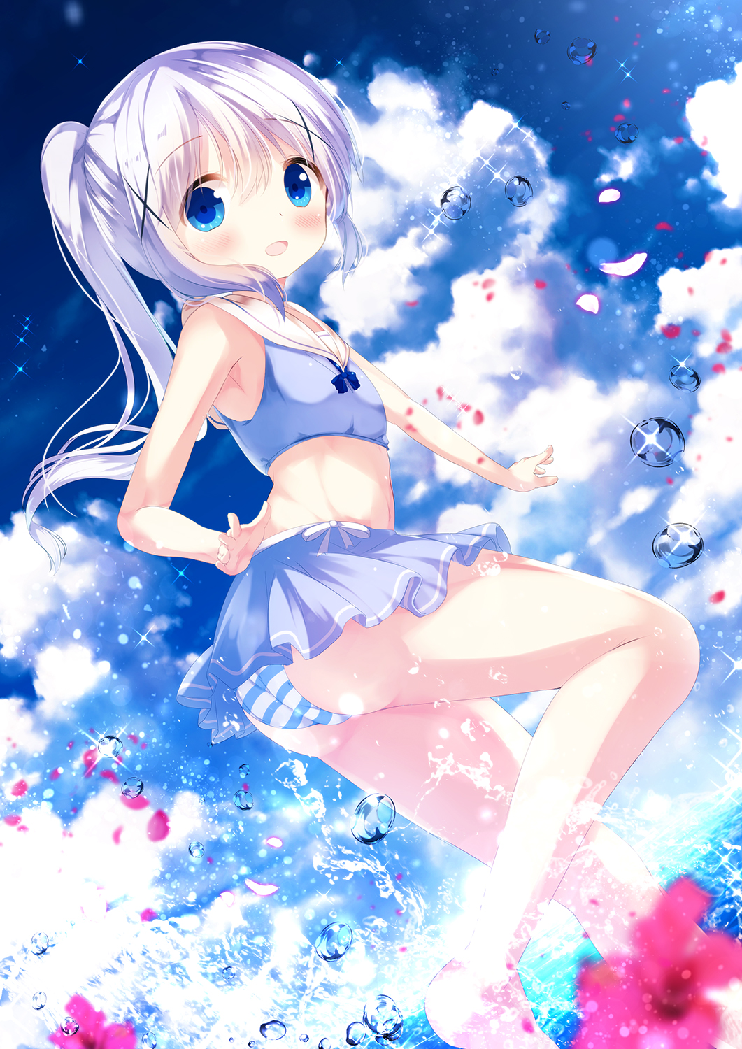 1girl :d ass bangs bare_arms bare_legs bare_shoulders barefoot bikini bikini_skirt blue_bikini_top blue_eyes blue_sky blurry blurry_foreground blush breasts chinomaron clouds cloudy_sky commentary_request day depth_of_field dutch_angle eyebrows_visible_through_hair flower gochuumon_wa_usagi_desu_ka? hair_between_eyes hair_ornament high_ponytail highres kafuu_chino long_hair open_mouth outdoors petals ponytail red_flower sailor_bikini sailor_collar sidelocks sky small_breasts smile solo splashing standing standing_on_one_leg striped striped_bikini_bottom swimsuit water white_hair white_sailor_collar x_hair_ornament