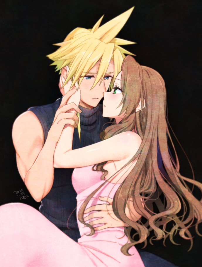 2020 aerith_gainsborough arm_around_waist bare_arms black_background black_sweater blonde_hair blue_eyes breasts brown_hair closed_mouth cloud_strife couple dated dress eye_contact final_fantasy final_fantasy_vii green_eyes hair_down hetero imminent_kiss krudears long_hair looking_at_another medium_breasts parted_lips pink_dress ribbed_sweater shiny shiny_skin sleeveless sleeveless_dress sleeveless_sweater spiky_hair sweater very_long_hair