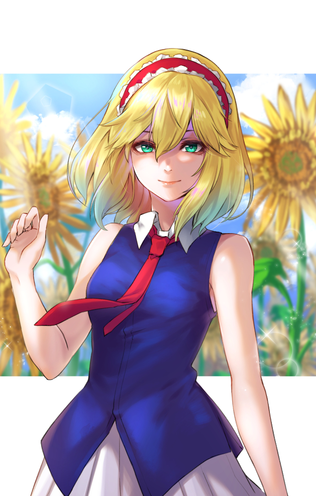 1girl adapted_costume alice_margatroid bangs bare_arms bare_shoulders blonde_hair blue_sky blue_vest breasts clouds commentary_request cowboy_shot day field flower flower_field frilled_hairband frills green_eyes hair_between_eyes hairband hand_up lens_flare light_rays lolita_hairband looking_at_viewer medium_breasts necktie pleated_skirt re_(re_09) red_hairband red_neckwear shirt short_hair skirt sky sleeveless sleeveless_shirt smile solo sparkle sunflower touhou two-tone_background vest white_background white_shirt white_skirt wing_collar