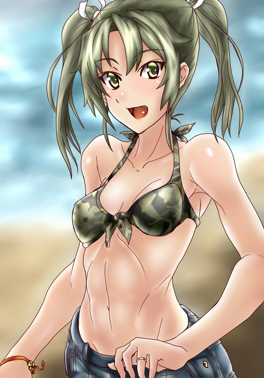 1girl artist_request beach bikini_top denim denim_shorts green_hair highres jewelry kantai_collection long_hair looking_at_viewer open_mouth ring shorts solo toned twintails wedding_band zuikaku_(kantai_collection)