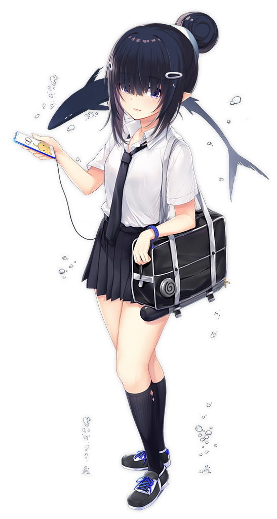 1girl :o air_bubble aixioo azur_lane bag black_footwear black_hair black_legwear black_neckwear black_skirt blush bubble cellphone closed_eyes collared_shirt copyright_name egasumi gradient gradient_background grey_background hair_bun hair_ornament hair_over_eyes hairclip holding holding_cellphone holding_phone i-56_(azur_lane) kneehighs necktie official_art parted_lips phone pleated_skirt pointy_ears ribbed_legwear school_bag school_uniform shirt shoes short_sleeves sidelocks skirt smile standing violet_eyes white_background white_shirt