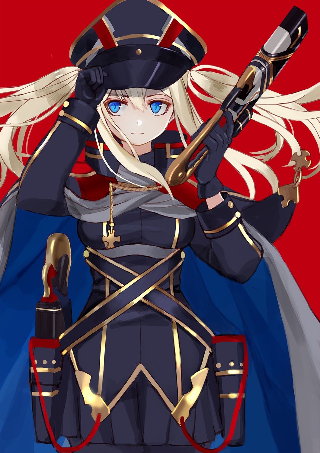 1girl :| alternate_costume arm_up blonde_hair blue_cape blue_eyes cape closed_mouth graf_zeppelin_(kancolle) grey_cape gun hair_between_eyes hand_on_headwear handgun hat highres holding holding_gun holding_weapon jacket kantai_collection long_sleeves looking_to_the_side luicent military military_uniform multicolored multicolored_cape multicolored_clothes pistol red_background sidelocks solo tsurime twintails two-sided_cape two-sided_fabric uniform weapon