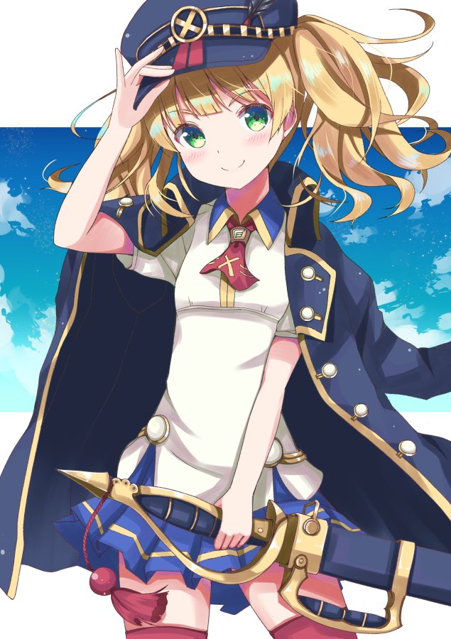 1girl adjusting_clothes adjusting_hat akiyasu blonde_hair clouds commentary_request green_eyes hat long_coat medium_hair monica_weisswind princess_connect! princess_connect!_re:dive sky smile solo sword thigh-highs twintails weapon