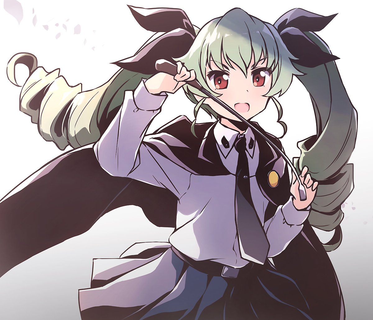 1girl anchovy anzio_school_uniform bangs belt cape drill_hair girls_und_panzer green_hair hair_ribbon long_hair looking_at_viewer necktie open_mouth red_eyes ribbon school_uniform simple_background skirt solo twin_drills vri_(tinder_box) white_background