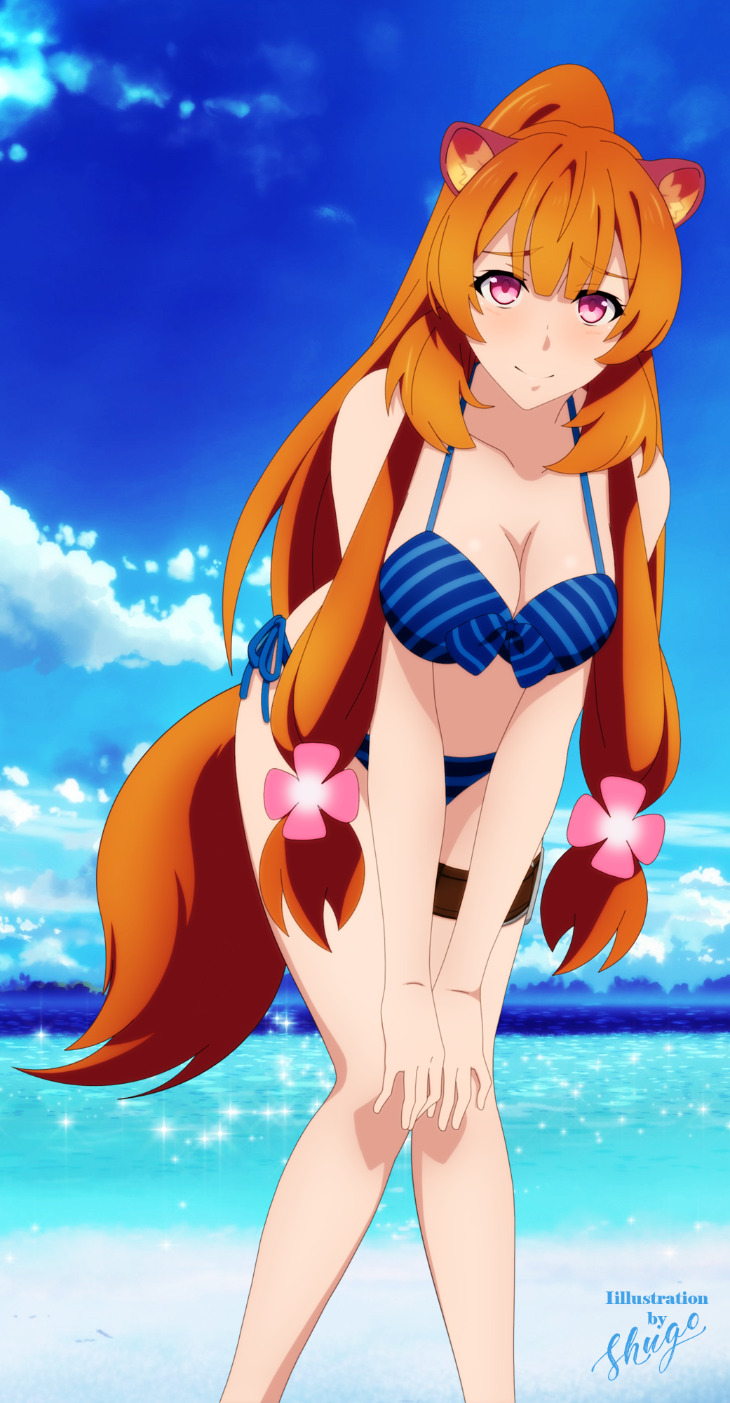 1girl animal_ears artist_name benjoerres bikini blue_sky blush breasts brown_hair clouds flower hair_flower hair_ornament hands_on_own_knees highres knees_together lava_savage long_hair ocean ponytail raccoon_ears raccoon_tail raphtalia sidelocks sky smile solo swimsuit tail tate_no_yuusha_no_nariagari thighs violet_eyes water