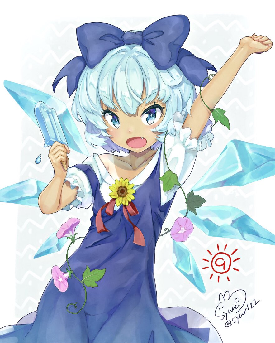 1girl arm_up artist_name bangs blue_bow blue_dress blue_eyes blue_hair bow cirno collarbone commentary_request dress duplicate eyebrows_visible_through_hair fang flower food frilled_sleeves frills hair_bow holding holding_food looking_at_viewer open_mouth popsicle puffy_short_sleeves puffy_sleeves short_sleeves signature solo sunflower syuri22 tan tanline tanned_cirno touhou twitter_username