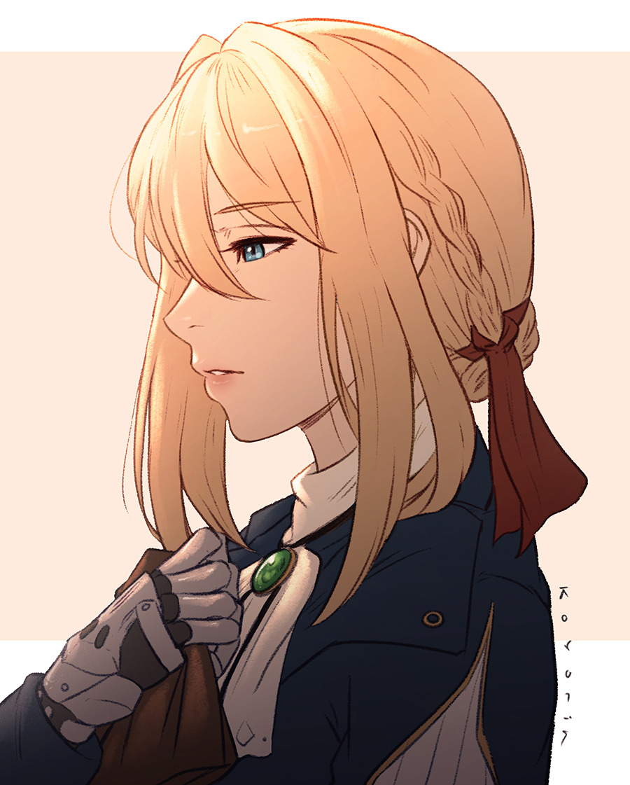 1girl blonde_hair blush braid brooch commentary cravat english_commentary french_braid from_side hair_ribbon handkerchief jewelry koyorin lips medium_hair nose portrait prosthetic_hand ribbon sad solo violet_evergarden violet_evergarden_(character)