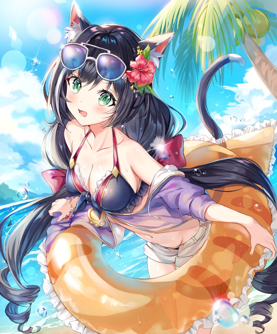 1girl adjusting_eyewear animal_ear_fluff animal_ears bangs bare_shoulders beach bikini black_hair blue_sky blush breasts cat_ears cat_tail clouds day eyebrows_visible_through_hair eyewear_on_head green_eyes holding holding_innertube innertube jacket kyaru_(princess_connect) long_hair looking_at_viewer low_twintails multicolored_hair narae navel ocean off_shoulder open_fly open_mouth outdoors palm_tree princess_connect! princess_connect!_re:dive purple_bikini purple_jacket sand short_shorts shorts signature simple_background sky solo sparkle streaked_hair sunglasses swimsuit tail tree twintails very_long_hair water_drop white_hair white_shorts