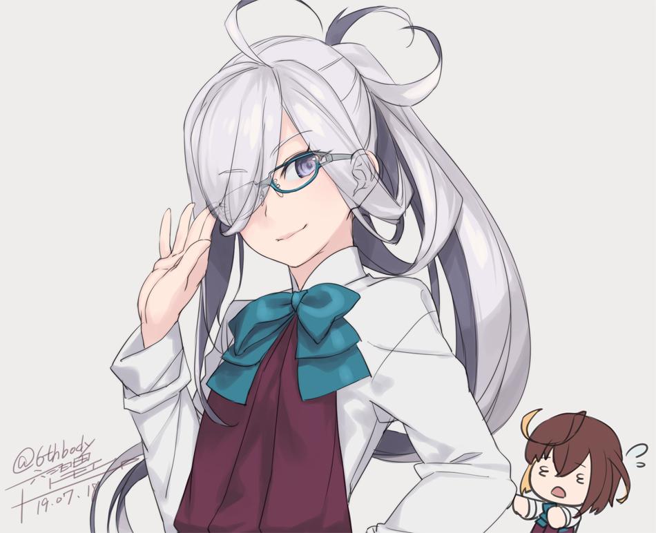 2girls ahoge asashimo_(kantai_collection) black_hair blue-framed_eyewear blush bow bowtie brown_hair dated dress glasses grey_hair hair_over_one_eye halterneck kantai_collection long_hair long_sleeves looking_at_viewer multicolored_hair multiple_girls okinami_(kantai_collection) open_mouth pink_hair ponytail rokuwata_tomoe school_uniform shirt short_hair signature sleeveless sleeveless_dress smile white_shirt