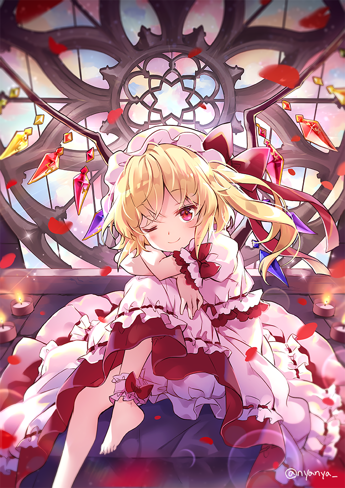 1girl alternate_color ankle_cuffs arms_on_knees barefoot blonde_hair bloomers blouse blue_sky blurry candle clouds crossed_arms crystal day depth_of_field eyebrows_visible_through_hair flandre_scarlet foot_out_of_frame hat hat_ribbon head_on_arm head_tilt indoors knees_up leg_lift lens_flare looking_at_viewer mob_cap nyanya one_eye_closed petals petticoat pink_blouse pink_headwear pink_skirt puffy_short_sleeves puffy_sleeves ribbon round_window short_hair short_sleeves side_ponytail skirt sky smile solo touhou twitter_username underwear wings