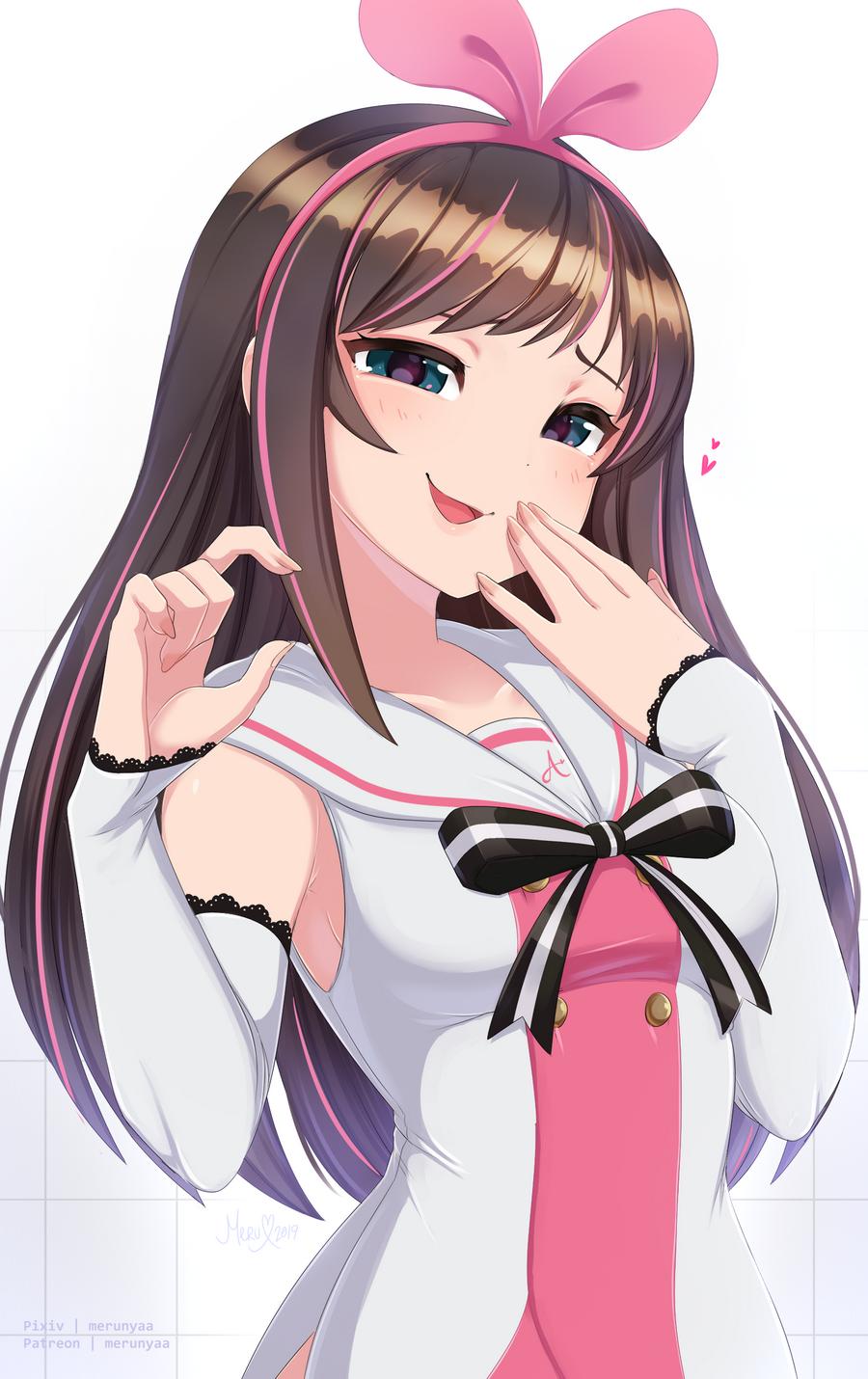 1girl a.i._channel artist_name bow brown_hair commentary dated detached_sleeves double-breasted english_commentary hairband half-closed_eyes hand_to_own_mouth heart highres kizuna_ai lace-trimmed_sleeves laughing long_hair looking_at_viewer merunyaa multicolored_hair ojou-sama_pose pink_hairband sailor_collar signature simple_background smug solo streaked_hair upper_body virtual_youtuber white_background white_sailor_collar