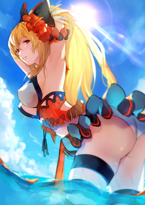 1girl armband armpits arms_up ass bikini blonde_hair blue_sky breasts clouds day flower frilled_bikini frilled_skirt frills granblue_fantasy hair_between_eyes hair_flower hair_ornament hair_ribbon long_hair nido_celisius petals petals_on_liquid ponytail red_eyes ribbon skirt sky solo sun swimsuit thigh_strap vira_lilie wading