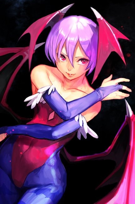 1girl bare_shoulders bat_wings black_background blue_legwear bridal_gauntlets collarbone covered_navel cowboy_shot demon_girl flat_chest hair_between_eyes hankuri head_wings leotard lilith_aensland low_wings pantyhose parted_lips purple_hair red_eyes red_leotard short_hair simple_background solo vampire_(game) wings