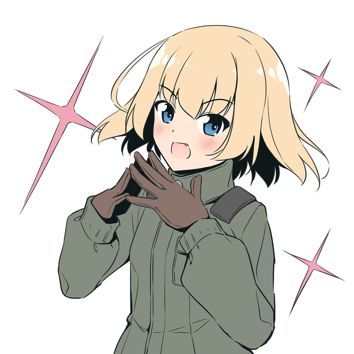 1girl bangs blonde_hair blue_eyes blush eyebrows_visible_through_hair fang girls_und_panzer gloves highres jumpsuit katyusha looking_at_viewer open_mouth short_hair simple_background solo vri_(tinder_box) white_background