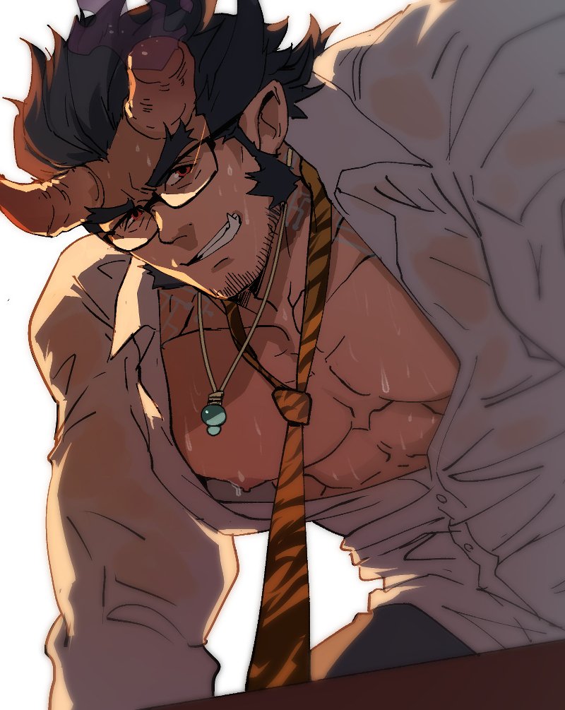 1boy abs bara beard black_hair chest facial_hair fang glasses horns jewelry looking_at_viewer male_focus muscle necklace necktie nipples pectorals rybiokaoru scar simple_background smile solo sweatdrop takemaru_(tokyo_houkago_summoners) teeth tokyo_houkago_summoners upper_body