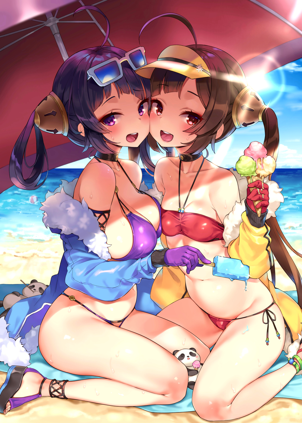 2girls :d ahoge asymmetrical_docking azur_lane ball bandeau bangs bare_legs bare_shoulders beach beach_mat beach_umbrella beachball bikini black_choker blue_jacket blue_sky blush breast_press breasts brown_hair cheek-to-cheek choker clouds collarbone commentary_request day eyebrows_visible_through_hair eyewear_on_head feet_out_of_frame food fur-trimmed_jacket fur_trim gloves groin hair_rings halterneck hand_up highres holding holding_food ice_cream jacket large_breasts long_hair long_sleeves looking_at_viewer mirei multiple_girls navel ning_hai_(azur_lane) o-ring o-ring_bikini ocean off_shoulder open_clothes open_jacket open_mouth outdoors ping_hai_(azur_lane) popsicle purple_bikini purple_gloves purple_hair red_eyes red_gloves sandals side-tie_bikini sidelocks sitting sky small_breasts smile stomach stuffed_animal stuffed_panda stuffed_toy sunglasses sweat swimsuit thighs twintails umbrella very_long_hair violet_eyes visor_cap wariza yellow_jacket